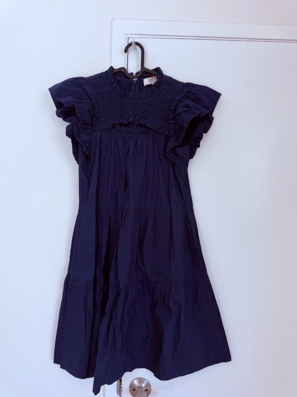 Sea New York Navy Cotton Midi Dress Smocked Flutter Sleeve Keyhole Cutout 2